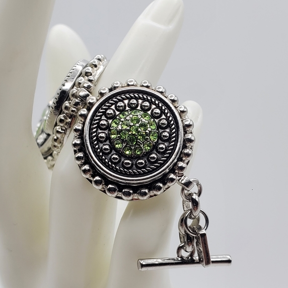 GS Silver Tone Green Rhinestone Bracelet Enamel Link Fashion Jewelry 7 1/2" - Picture 3 of 10